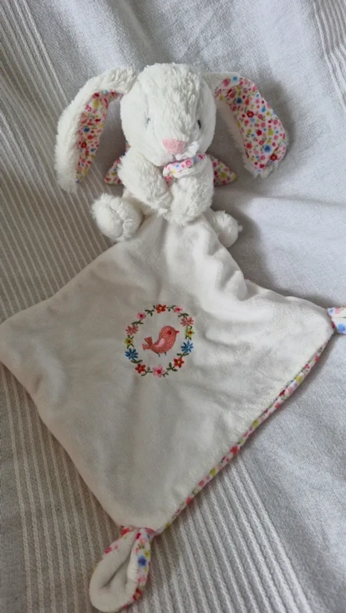 Doudou plat avec mouchoir Lapin blanc  fleurie  pommette - photo numéro 2