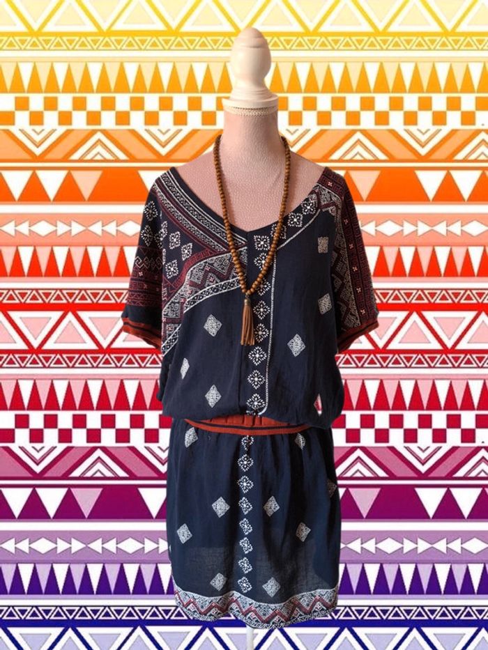 💙Robe t-shirt ethnique hippie marine imprimée🤎navy t-shirt dress💙 - photo numéro 2