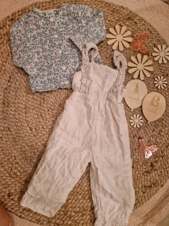 Ensemble combinaison beige et veste fleurie TAO bébé fille 18 mois