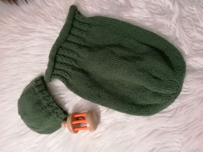 Cocon de naissance, nid d'ange avec bonnet, kaki, laine acrylique, fait mains 