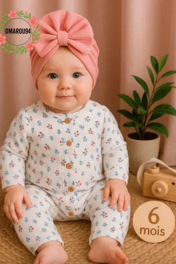 Combinaison molleton fleuri et turban TAO fille 6 mois 🎀