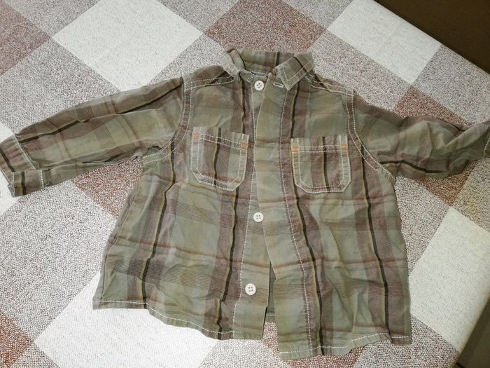 Chemise 6 mois manches longues à carreaux kaki/marron obaibi