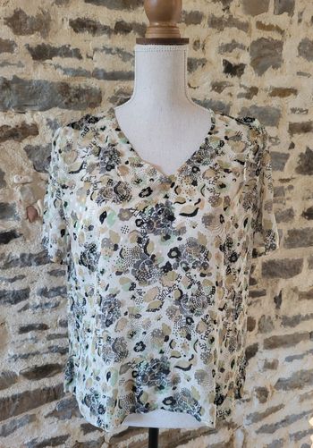 Blouse manches courtes à motifs écrue beige kaki IKKS Taille 42