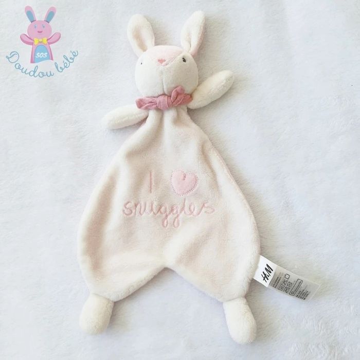 Doudou plat Lapin blanc rose "I love snuggles" cœur H&M