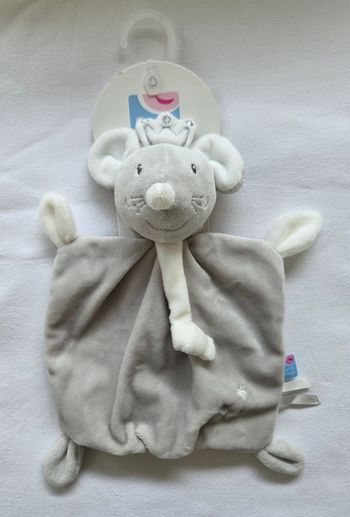 Doudou plat souris grise avec couronne - Sucre d'orge