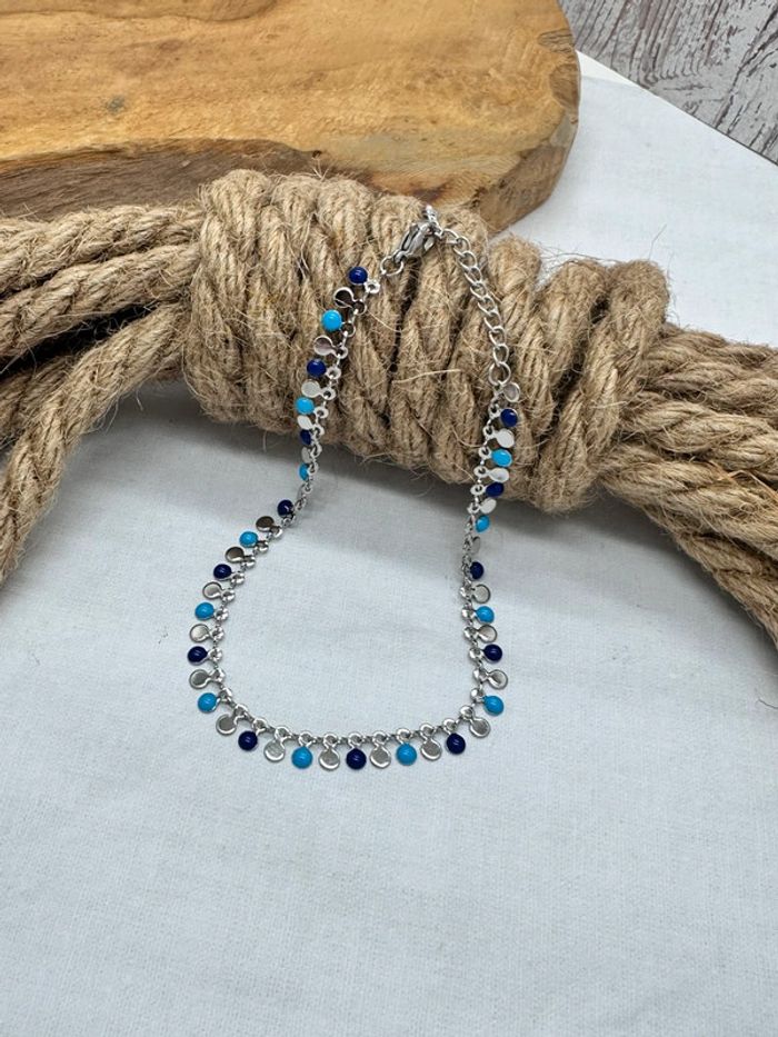 Braceydd cheville acier inoxydable argent et breloques en émail bleu - photo numéro 2