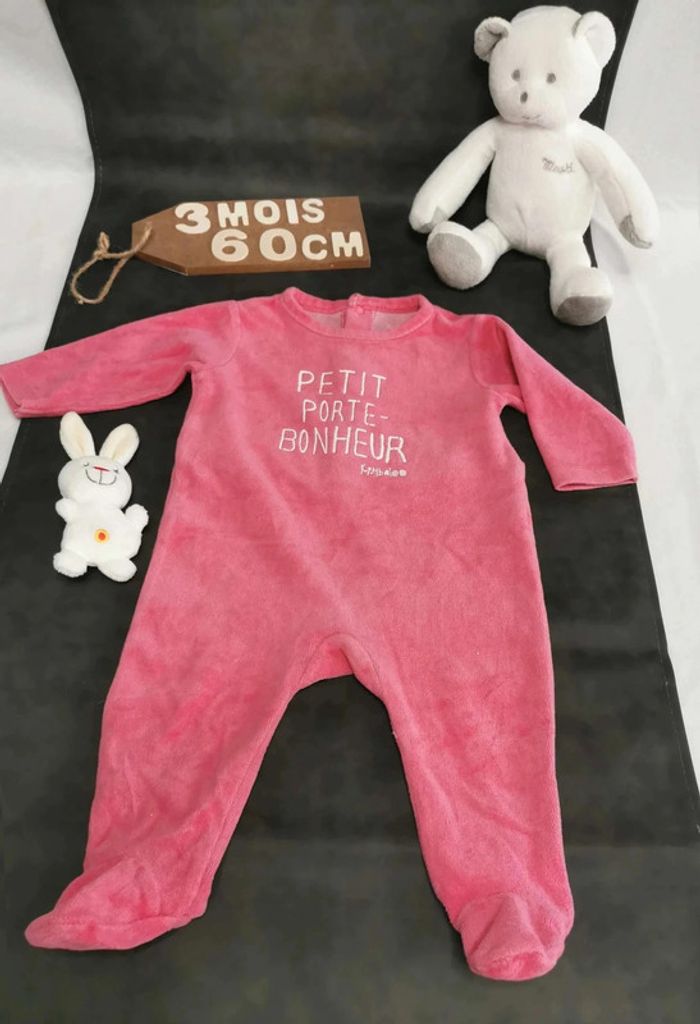 Pyjama 👣 velours rose kimbaloo 3 mois grenouillère - photo numéro 3