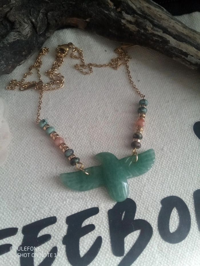 Collier bohème aigle totem en pierre d'aventurine - photo numéro 2