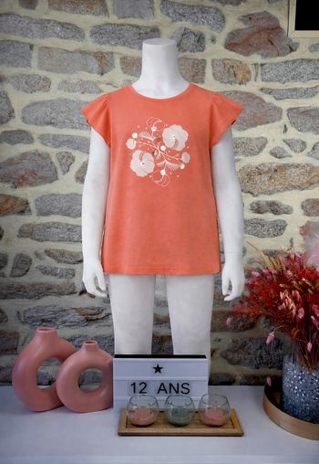 T-shirt manches volantées motif floral argenté et doré Fille taille 12 ans marque Okaidi 🦜 
