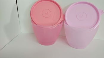 Conjunto de duas refrigeradoras, marca da Tupperwarw, 380 ml, cor de rosa.
