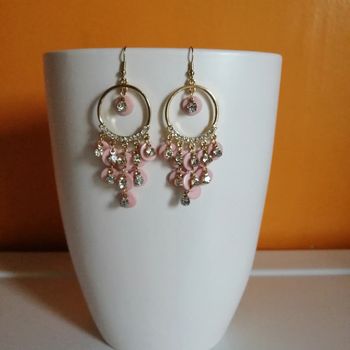 🌸Boucles d'oreilles dorées multi pampilles roses et strass "joom" 🌸