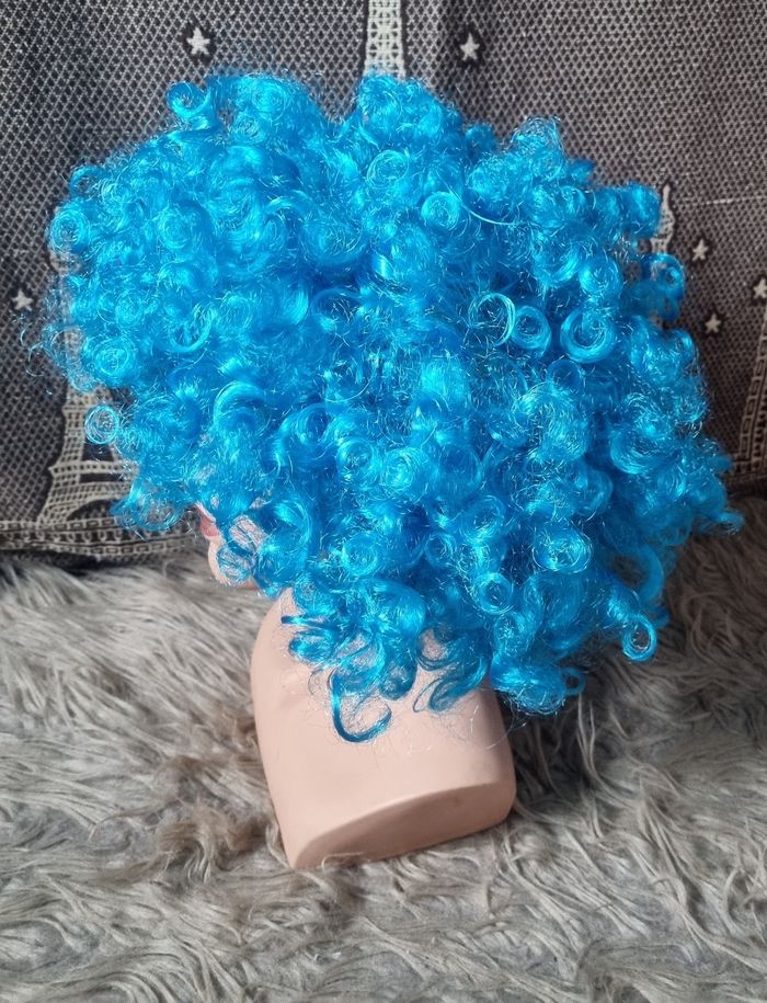 Perruque de clown ,cosplay ou autres bleu bouclés - photo numéro 5