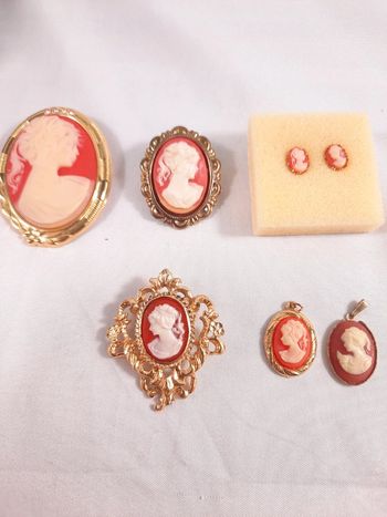 Ensemble bijoux, boucles d'oreilles, pendentifs, broches camaïeux