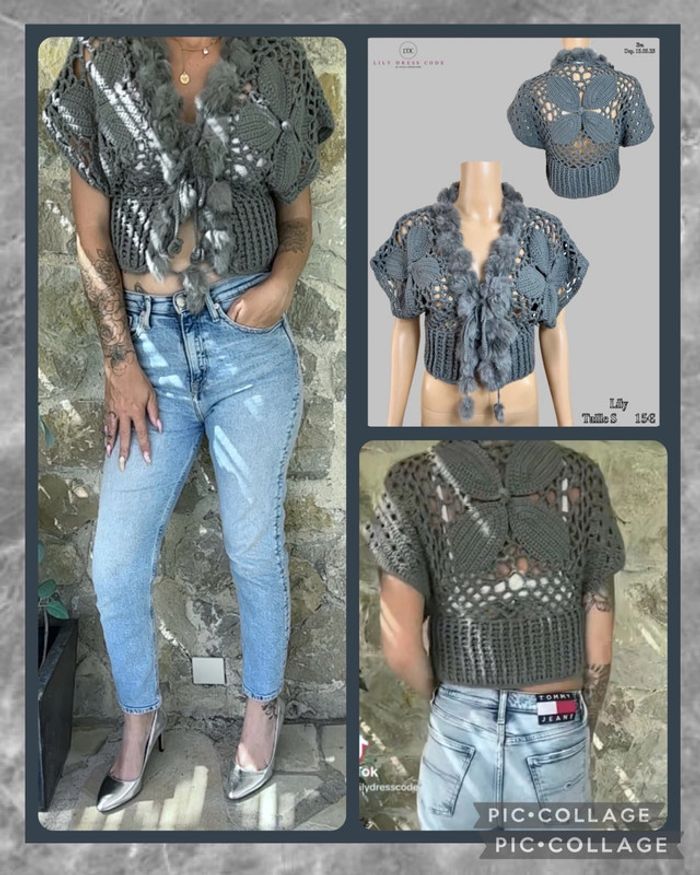 🩶 Gilet crochet gris perle à col fourrure – Taille S SOLDÉ -50% 🩶