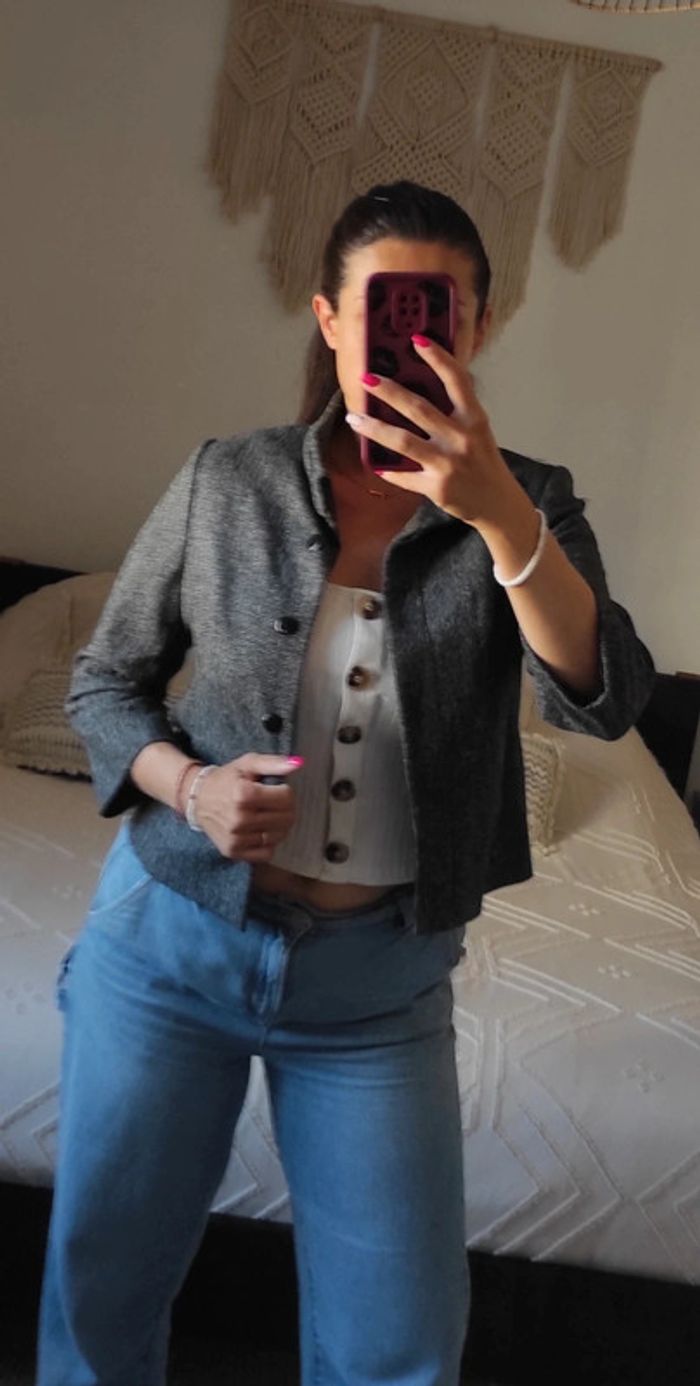 Veste cardigan caban court Caroll 40 gris noir blanc en laine col montant gros bouton, classe - photo numéro 5