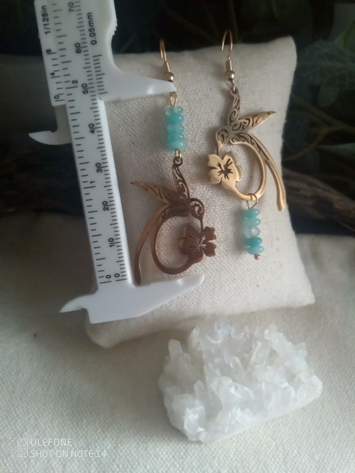 Boucles d'oreilles bohèmes colibris pierres d'amazonite - photo numéro 2