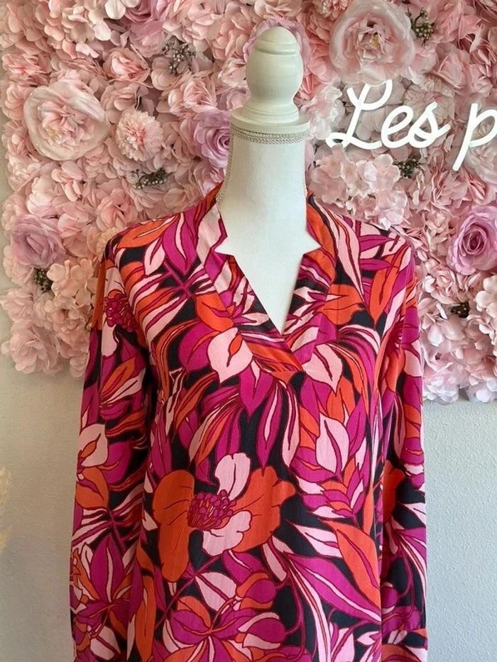 Robe à motifs fleuris rose et rouge, 100% soie, taille 36/38 - Antik Batik - photo numéro 3
