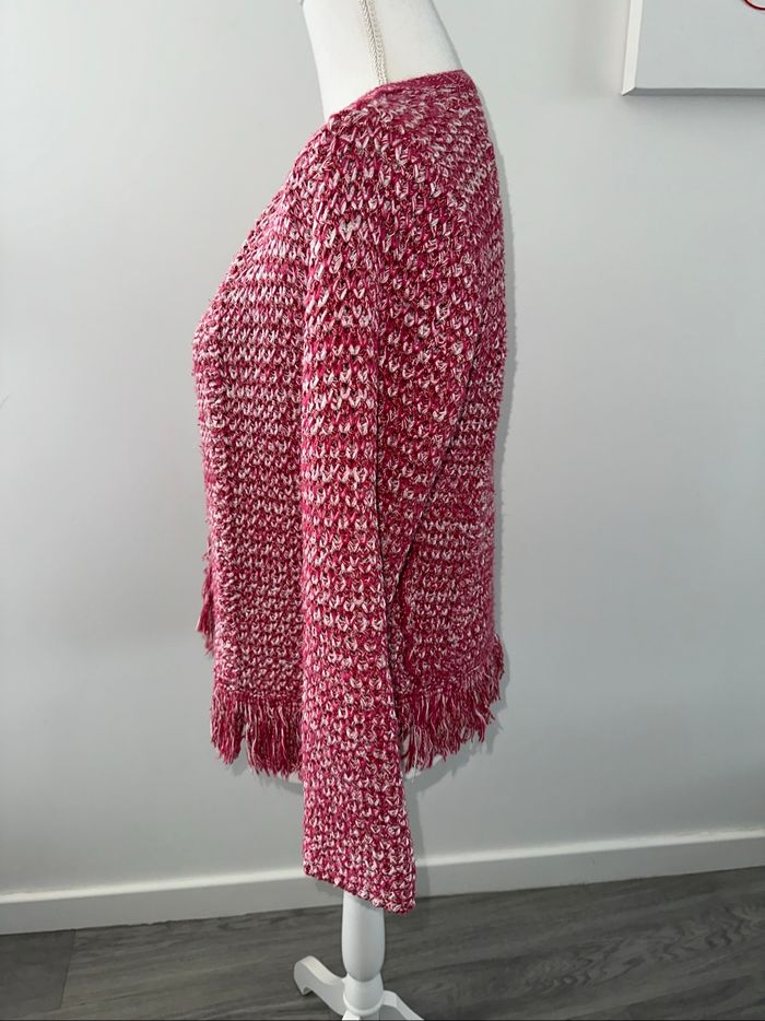 Blazer cardigan en tweed et franges rose fuchsia argenté et blanc Maje T3 40 L - photo numéro 4