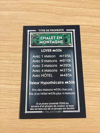 Carte titre de propriété Chalet en montagne pièce détachée jeu de société Monopoly Millionnaire #A45