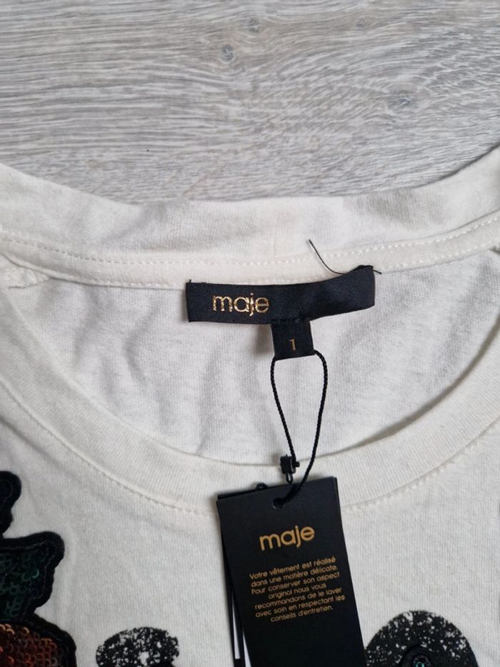 Tee-shirt Maje neuf avec étiquette Taille 1 Paris avec fleurs et sequins - photo numéro 4