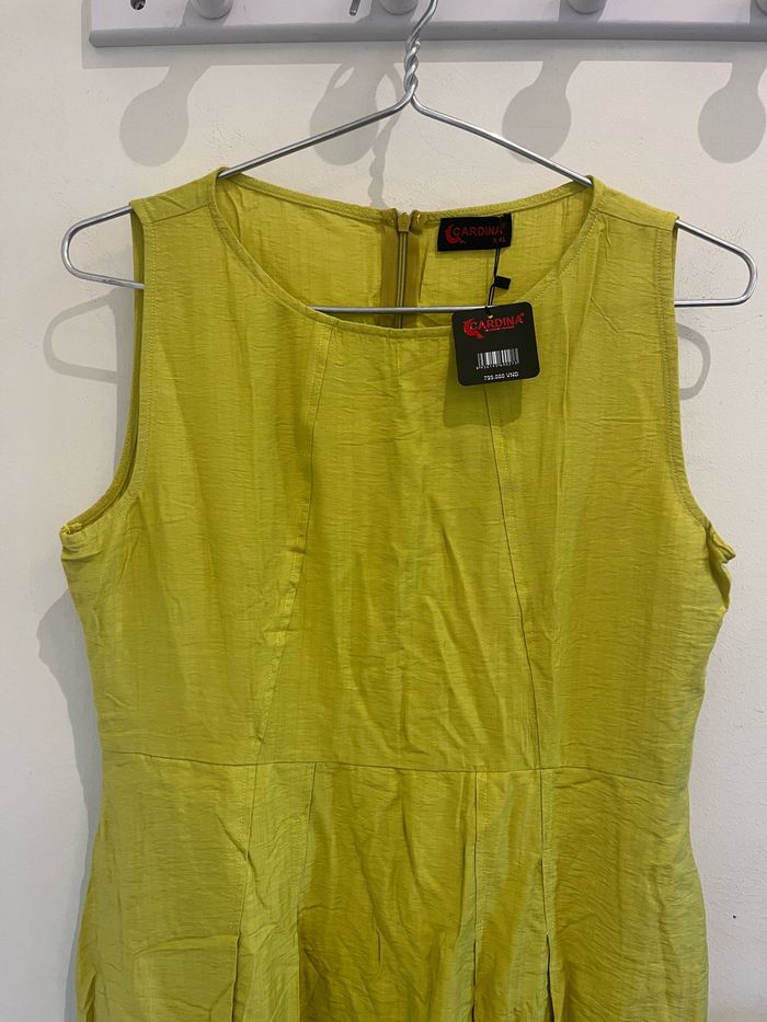 Robe neuve avec étiquette sans manches en lin jaune verte longue taille L - photo numéro 5