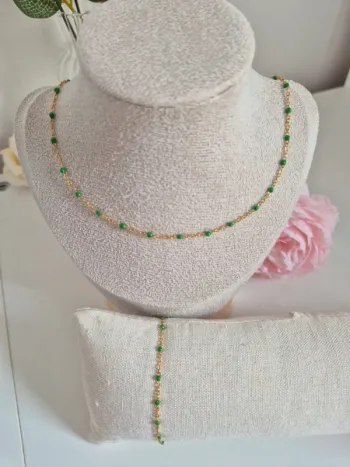 Lot de 2 bijoux en acier inoxydable dorée parure avec perles vertes