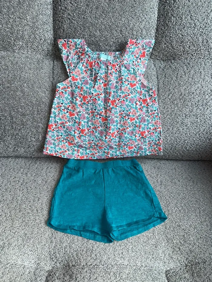 Ensemble t shirt fleuri et short réglable bleu canard Obaïbi