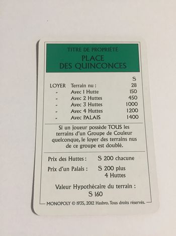 Carte place des quinconces pièce jeu de société Monopoly le tour de Gaule d'Astérix Hasbro #A53