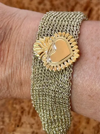 Bracelet manchette large fils tissés or chaîne réglable cœur ex-voto acier inoxydable or