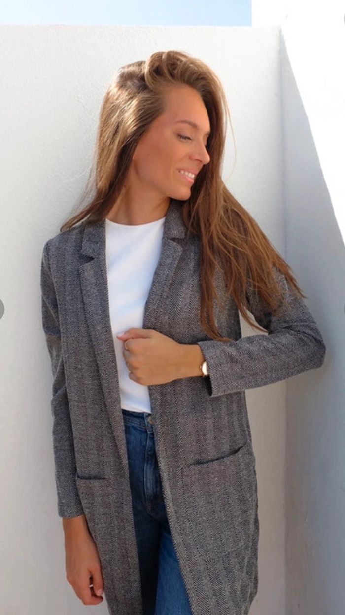 Blazer veste longue à motifs chevrons gris et noir H&M neuve - photo numéro 2