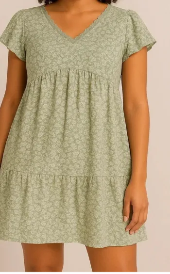Robe verte à fleurs manches courtes - style bohème