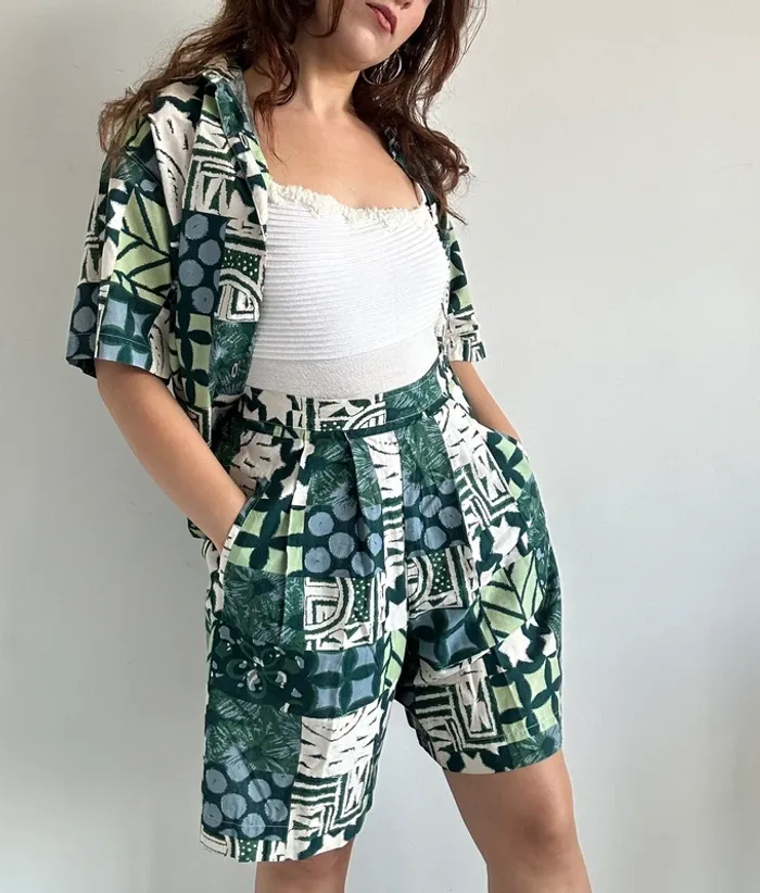 Ensemble Newman oversized short et chemise vintage années 80 à motifs vert taille S - photo numéro 4