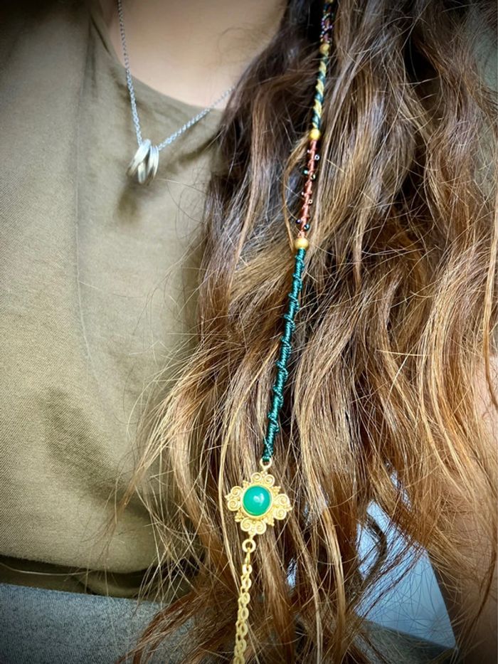 Bijou de cheveux, ateba, macramé pierre Onyx vert - photo numéro 5