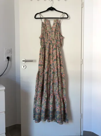 Robe longue fluide rose et vert à motif soie Vintage Silk taille unique