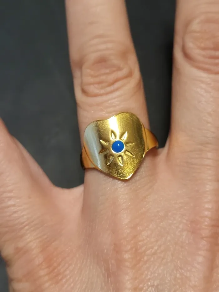 Bague ajustable en acier inoxydable doré avec cœur et soleil bleu - photo numéro 4