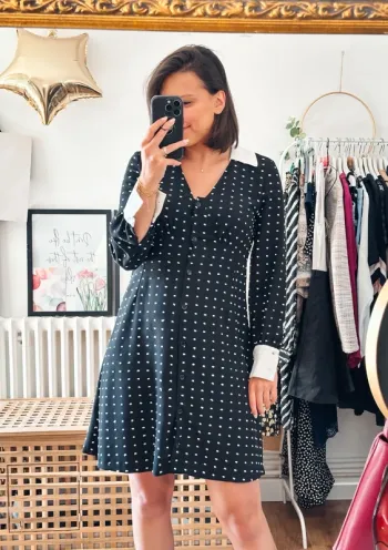 Robe Maje noire à pois blancs col contrasté T38