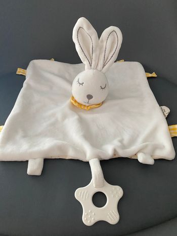 Doudou peluche lapin avec anneau de dentition et