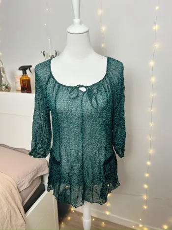 Blouse transparente fluide Bréal imprimé léopard turquoise noir - taille L (42)
