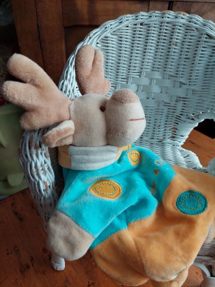 Doudou marionnette Rennes cerf turquoise et orange - photo numéro 2