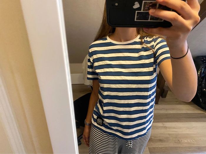 t-shirt rayé bleu et blanc, gémo, taille 14 ans XS - photo numéro 4