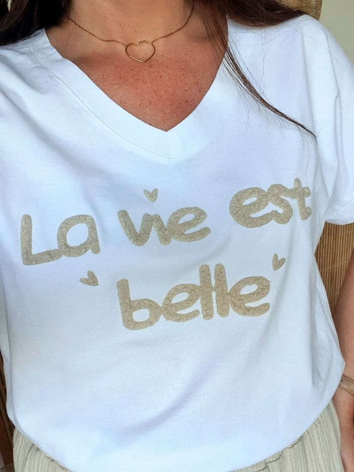 T-shirt La vie est belle blanc/beige Taille unique - photo numéro 5