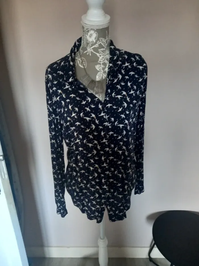Chemise blouses bleu motif oiseau - photo numéro 2