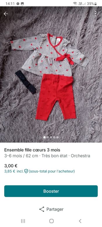 Ensemble avec cœurs  fille 3 mois
