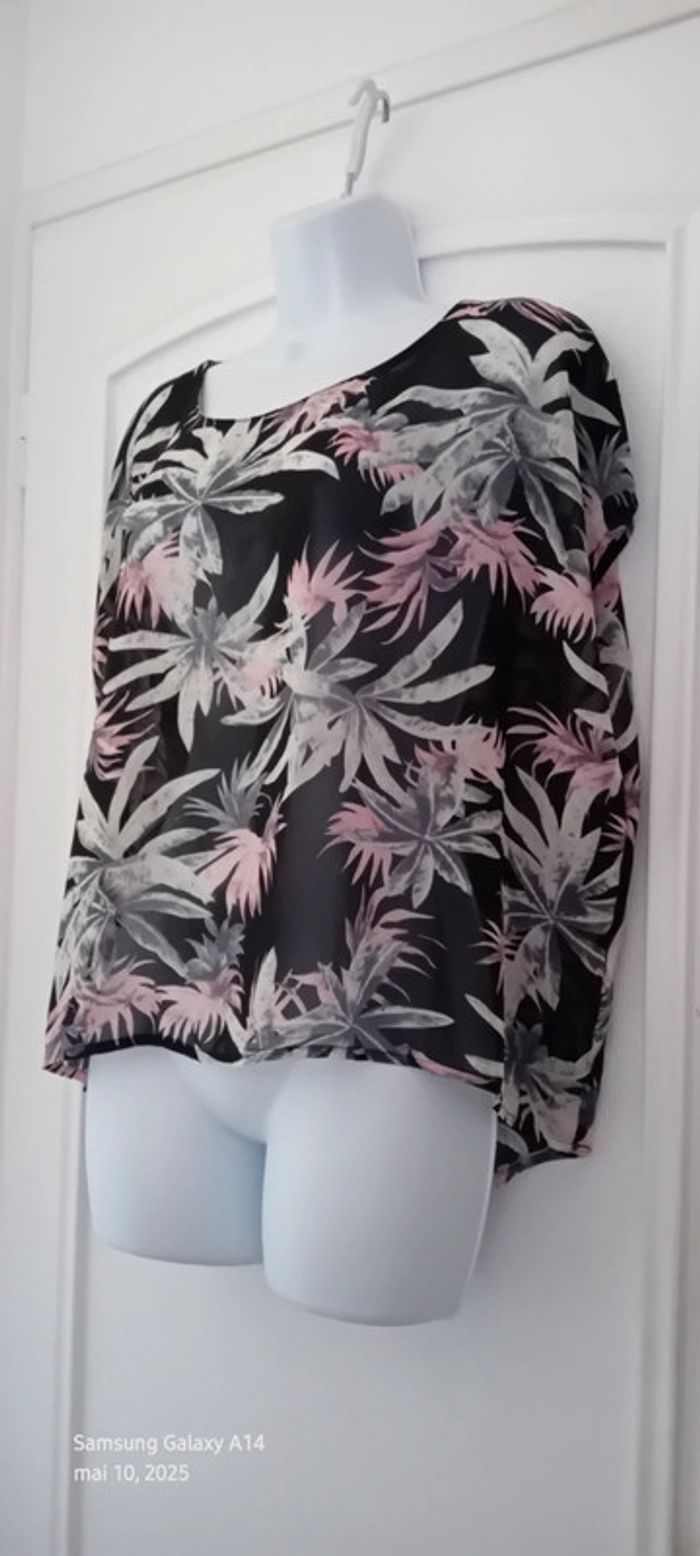 Blouse oversize en voile motif fleurs tropicales noir femme M amisu - photo numéro 2