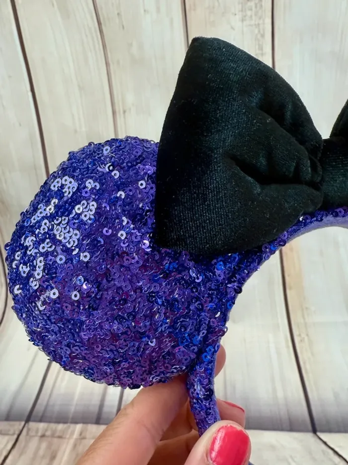 Ears (serre tête) Disney Minnie sequins violet noeud noir effet velours Halloween Tokyo Disneyland - photo numéro 2