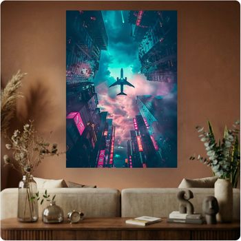 Affiche murale “Ville futuriste avion” poster cyberpunk néon déco moderne A3 Sans cadre