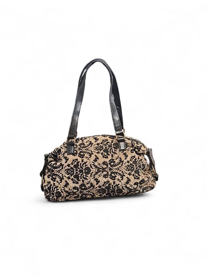 Sac à main vintage chic noir et doré – brocart floral – anse vernie - photo numéro 4