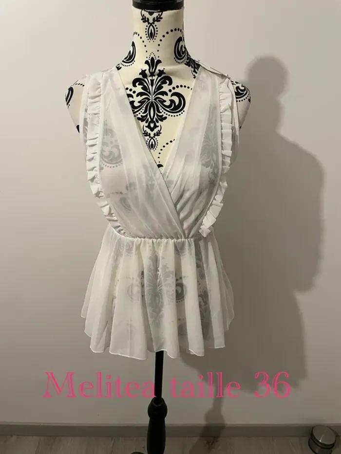 Blouse sans manche à volant cache cœur blanc neuf melitea taille 36