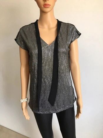 Blouse argentée et noire neuve à manches courtes avec dentelle Morgan taille XS (valeur 35€)