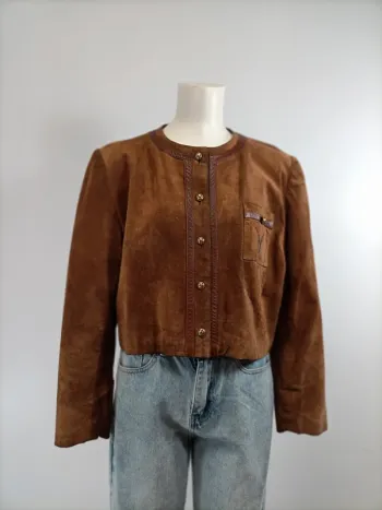 Veste courte en croûte de cuir vintage - taille 42 - tailleur Gérard Galliaerde A282
